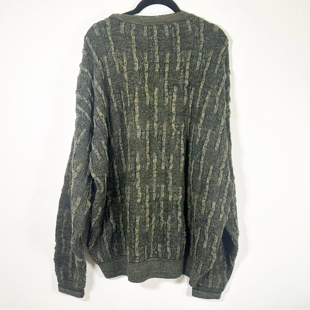 Jhane Barnes Green Sweater Rugged Line Pattern Men's Long Sleeve 3d knit VTG